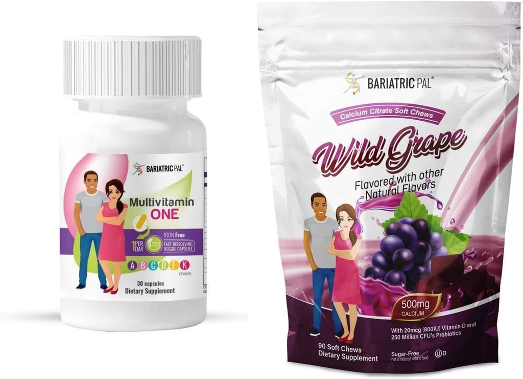 BariatricPal Interruttore Duodenal Confezione completa di vitamina di alimentazione di 30 giorni (Iron-Free Capsule Calcium Citrate Soft Chews con Probiotici - Uva Selvatica)