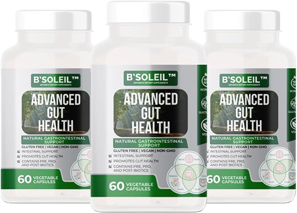 B’SoleilTM Pack di 3 Probiotici avanzati Gut Health - Pre, Pro & post Biotics - Supporto Gastrointestinale Naturale - Gluten Free, Vegan & Non-GMO - 25 miliardi di CFU - 60 capsule in ogni confezione