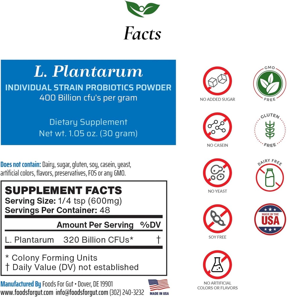 Alimenti per Gut Lactobacillus Plantarum Probiotic Powder 400 miliardi di cfu's | Made in USA | No Additives | Direct from Manufacturer | No Third-Party Storage | Supporto immunitario | 30 Grammi (1.05 Oz)