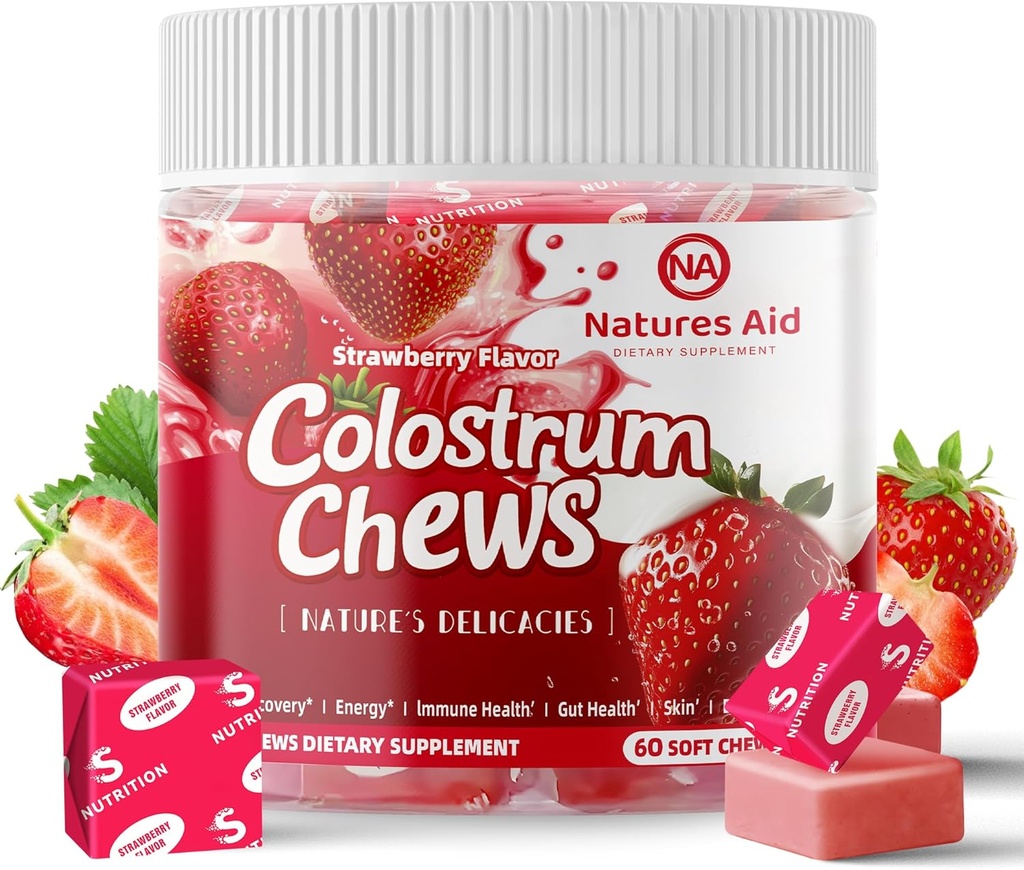 Colostrum Chews Supplemento con probiotici per Gut Salute, Bloating, Supporto immunitario, Pelle, Crescita dei capelli e Bellezza - Fragola Flavor (60 Serve)