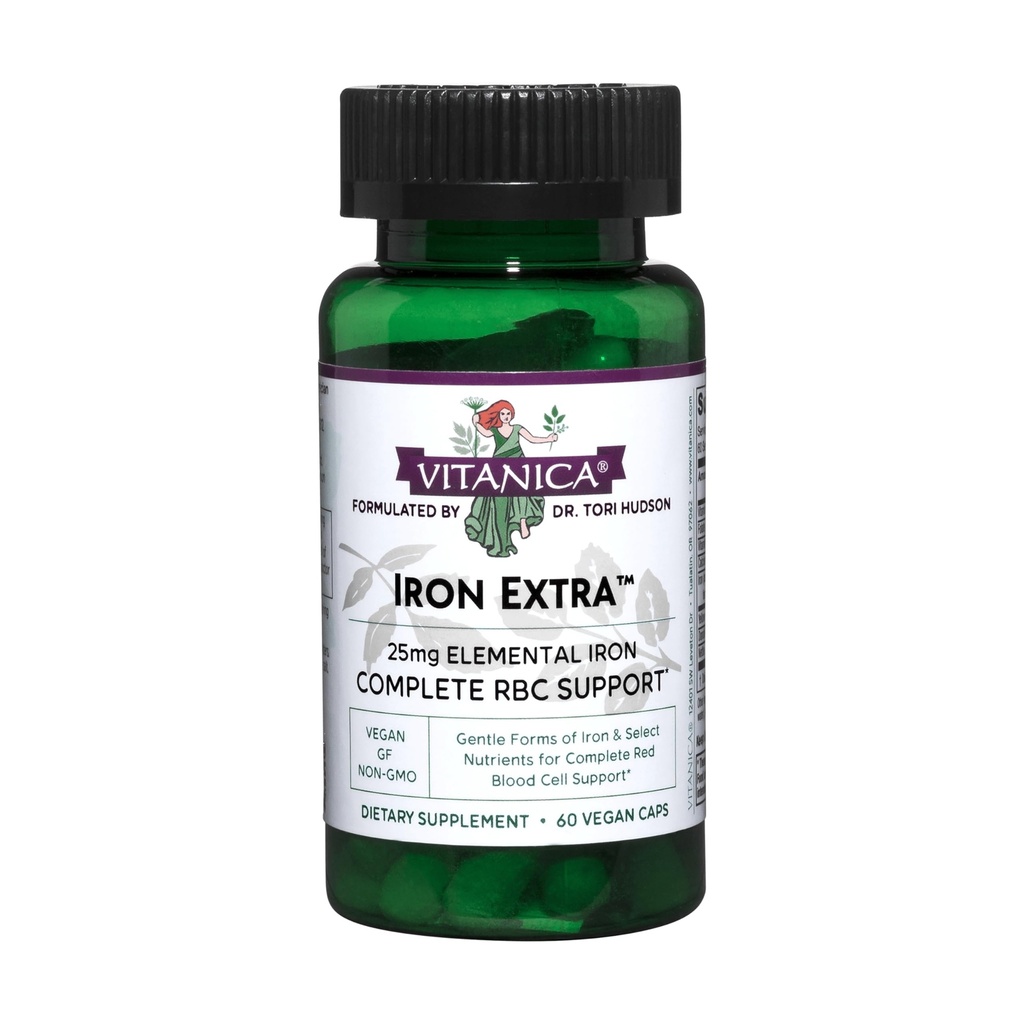 Vitanica Iron Extra, Supplemento di ferro Assorbimento potenziato con vitamina C 500mg, Methylfolate 400mcg, B12 Vitamin 500mcg, Calcio, Dock Giallo, Radice di Dandelion & Nettle Leaf Extract, Vegan, 60 capsule