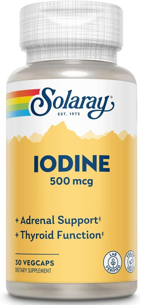 Solaray Iodine 500 mcg | Maggio Aiuto Supporto Funzione tiroide sana, Metabolismo, Focus e Energy | Non-GMO, Vegan | 30 VegCaps | Confezione di 2