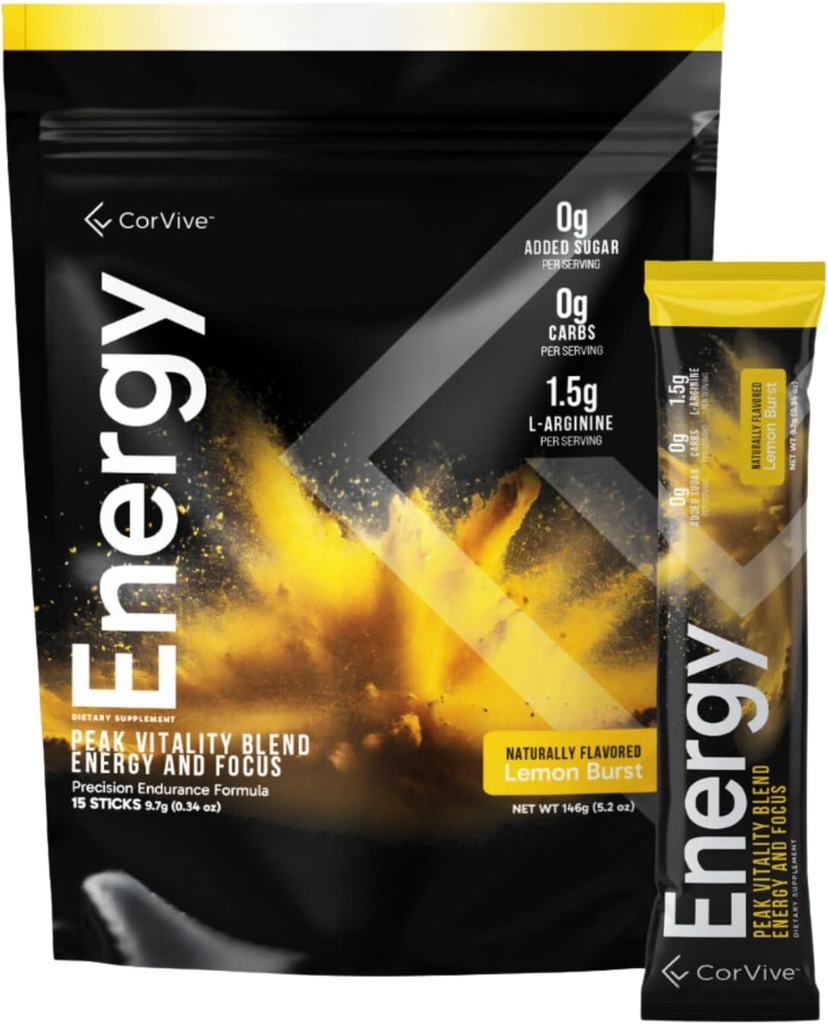 Energy | Natural Energy & Focus Supplement | con Carnosyn®, Ashwagandha, L-Arginina, Theobromine | Zero Sugar, 5 Calorie, 120mg Caffeina | 15 Stick Pack per Mental & Physical Boost | Lemon