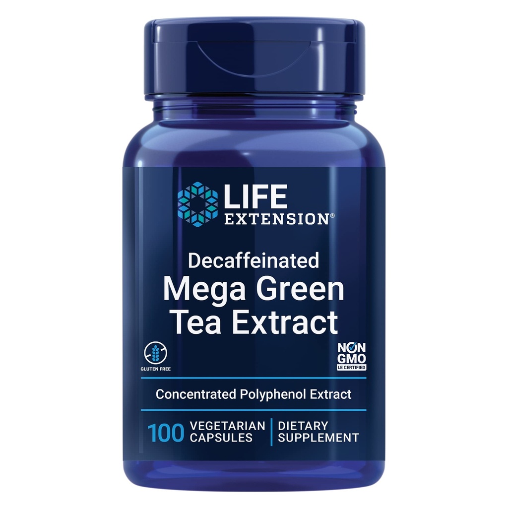 Estensione di vita Decaffeinato Mega Estratto di tè verde – Polyphenol-Rich, salute delle cellule, salute del cuore, salute del cervello, protezione antiossidante – Non OGM, senza glutine, vegetariano – 100 capsule
