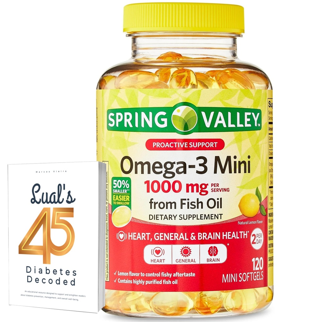 Spring Valley Omega-3 Mini da Fish Oil 1000 mg, 120 Conte, Supplemento dietetico, Omega 3 Mini Softgels Bundle con Luall 45 Diabete Decoded
