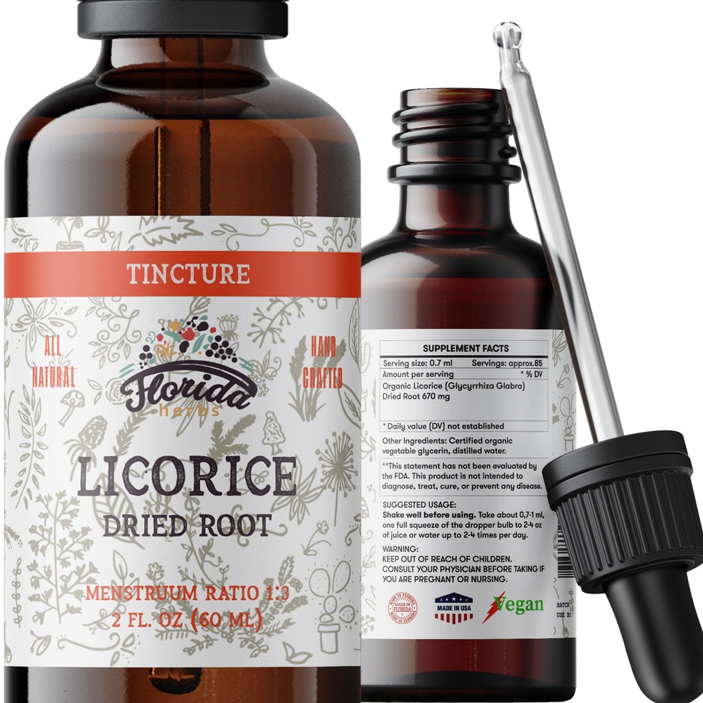Tintura di liquirizia, Estratto di liquirizia organico (Glycyrrhiza Glabra) Radice secca, Integratore di erbe, Non OGM in Glycerin vegetale organico a freddo 2 oz, 670 mg