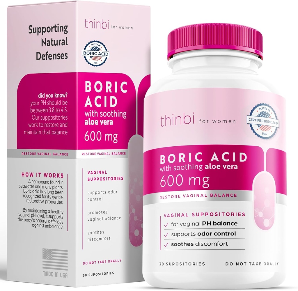 Thinbi Suppositi di acido borico per le donne w/Aloe Vera - Trattamento BV & PH Balance per il trattamento della vaginosi - per sostenere la salute intima w/acido borico clinicamente studiato 30 conte