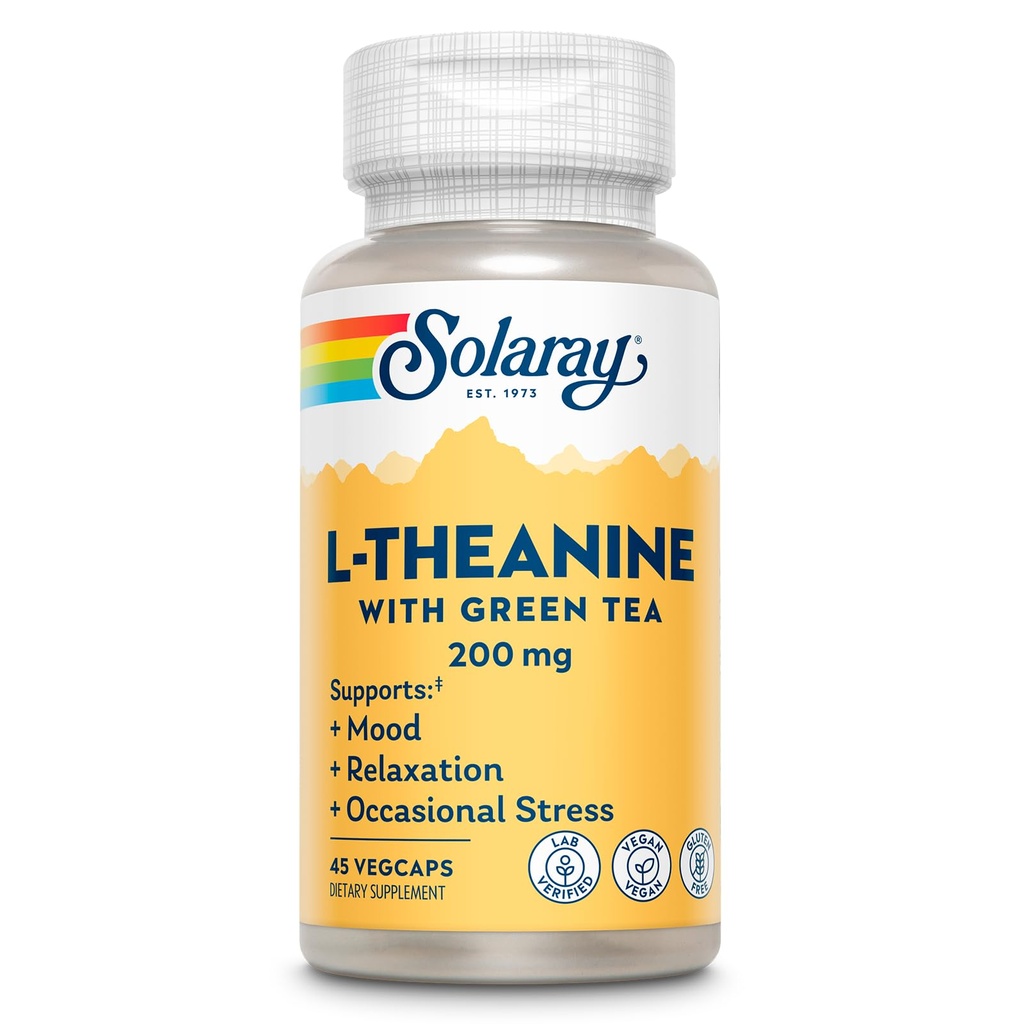 SOLARAY L-teanina 200mg con tè verde - Mood sano, Relax e Occasional Stress Support - Lab verificato, Vegan, Gluten Free - 45 Servings, 45 VegCaps