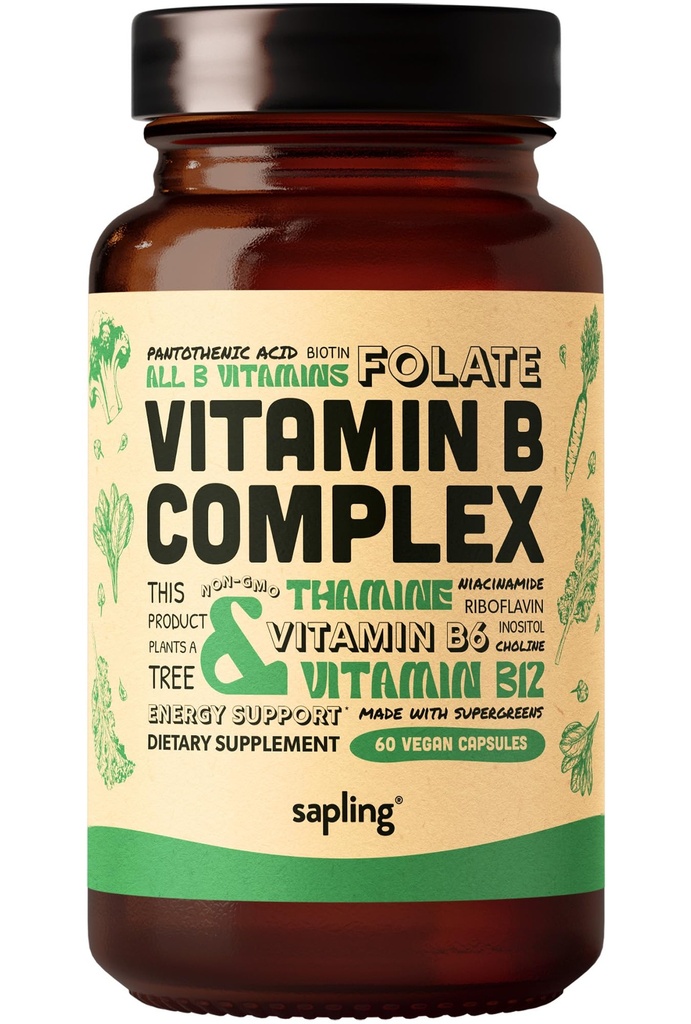 sapling Vegan Vitamin B Complex - Intero Miscela alimentare con Vitamine B1, B2, B3, B5, B6, B7, Folate, B12-60 Caps