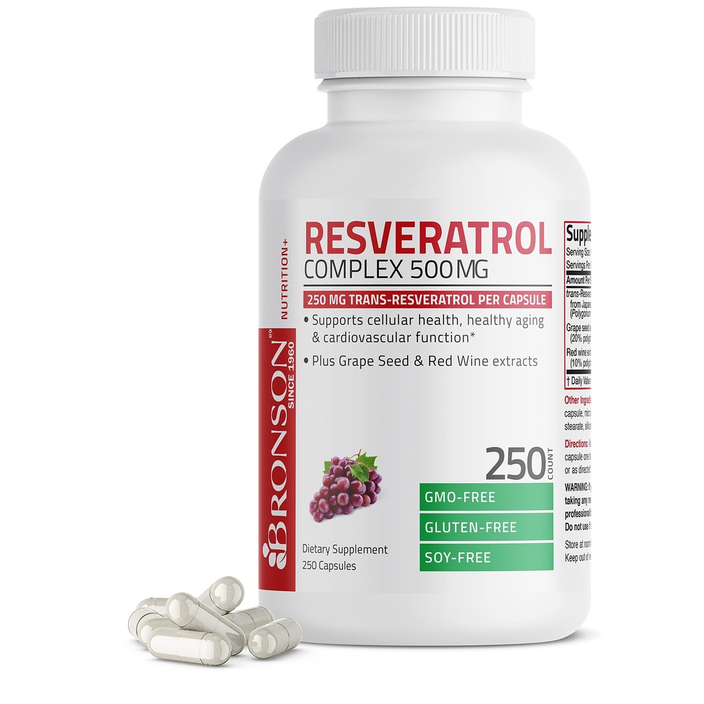 Bronson Resveratrolo 500 Complesso Standardizzato Trans-Resveratrolo + Uva Seed & Estratto di Vino Rosso, 250 capsule