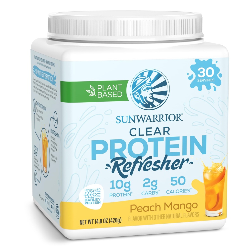Sunwarrior Clear Protein Powder Miscela di acqua piantata, Vegan e rinfrescante Proteine e Integratore di idratazione 10g per servire Peach Mango aromatizzato 420g Vasca 30 Serve