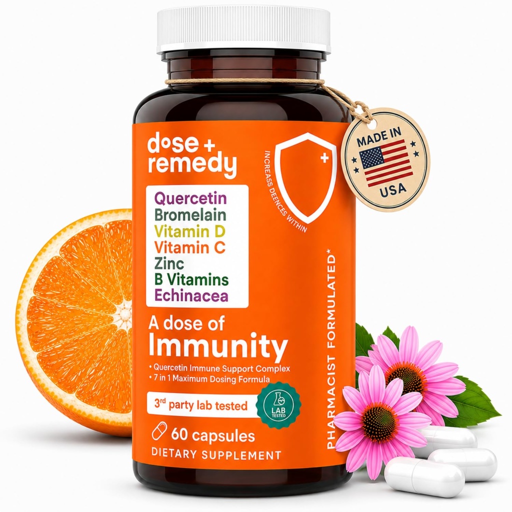 Una dose di immunità Quercetina con vitamina C e zinco, vitamina D, 500 mg di melamina di Quercetina con vitamine Echinacea & B, supplemento di supporto immunitario polmonare 7 in 1 Booster di difesa dell'immunità (60 Conte)