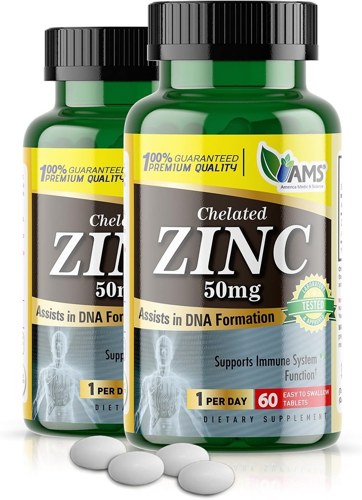 America Medic & Science Chelated Zinc 50 mg Integratori (2 Confezione di 60 compresse) Booster immunitario e potenti pillole antiossidanti per gli adulti Uomini e donne | Minerali altamente assorbibili, migliora il sonno