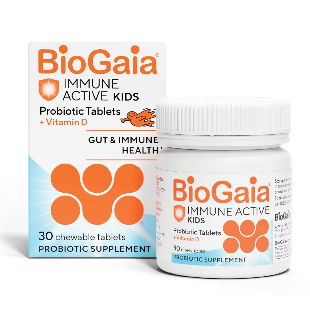 BioGaia Immune Active Kids | Probiotico + Vitamina D | per la salute digestiva e immunitaria | Età 3+ | Allergeni, Latticini, Soia e Gluten Free | Fiduciati da Pediatricisti | 30 giorni di alimentazione | Arancione aromatizzato Chewable