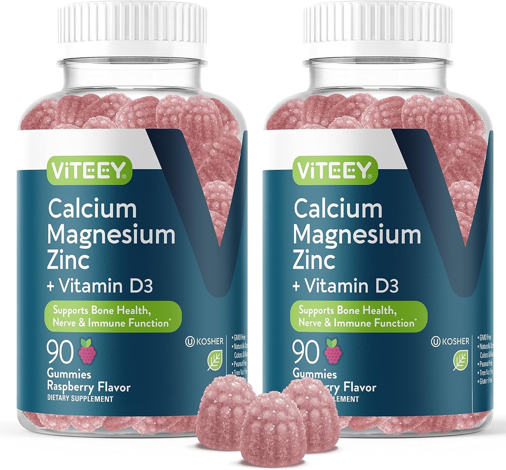 Viteey Calcium Magnesium Zinc Gummies con Vitamina D3 - Supporta Bone Salute, Nerve & Immune Funzione - Calcio Magnesio Zinco D3 per Adulti & Teens - OGM Free - Chewable Raspberry Gummie aromatizzato