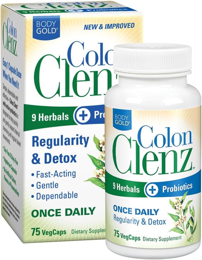Body Gold Colon Clenz Regolarità & Detox Formula | Una volta Supporto giornaliero con 9 erbe + Probiotici attivi | 75 CT