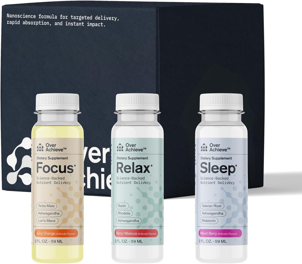 Supplemento Varietà Pack con tecnologia avanzata di Nanoscience, 12 Pack, Stress calmare bere, bere di aiuto al sonno, Nootropic Brain Supplemento Focus Drink, 2 oz Shot