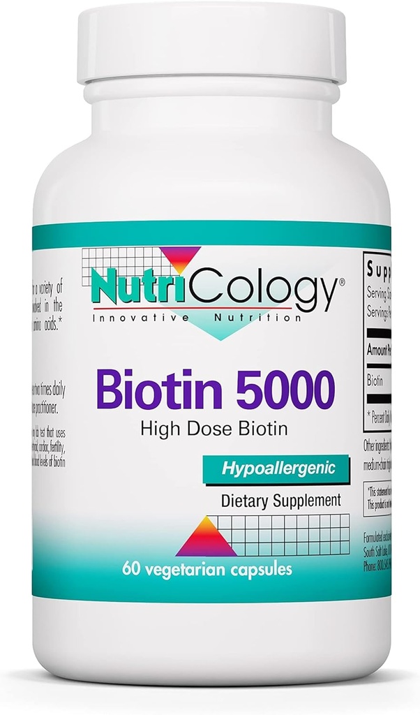 Nutrizione Biotina 5000 Supplemento - 5000mcg Biotina, Vitamine per Capelli, Pelle e Unghie, Alta Dose, Capsule Vegetariani, Ipoallergenico, Senza Glutine - 60 Conte