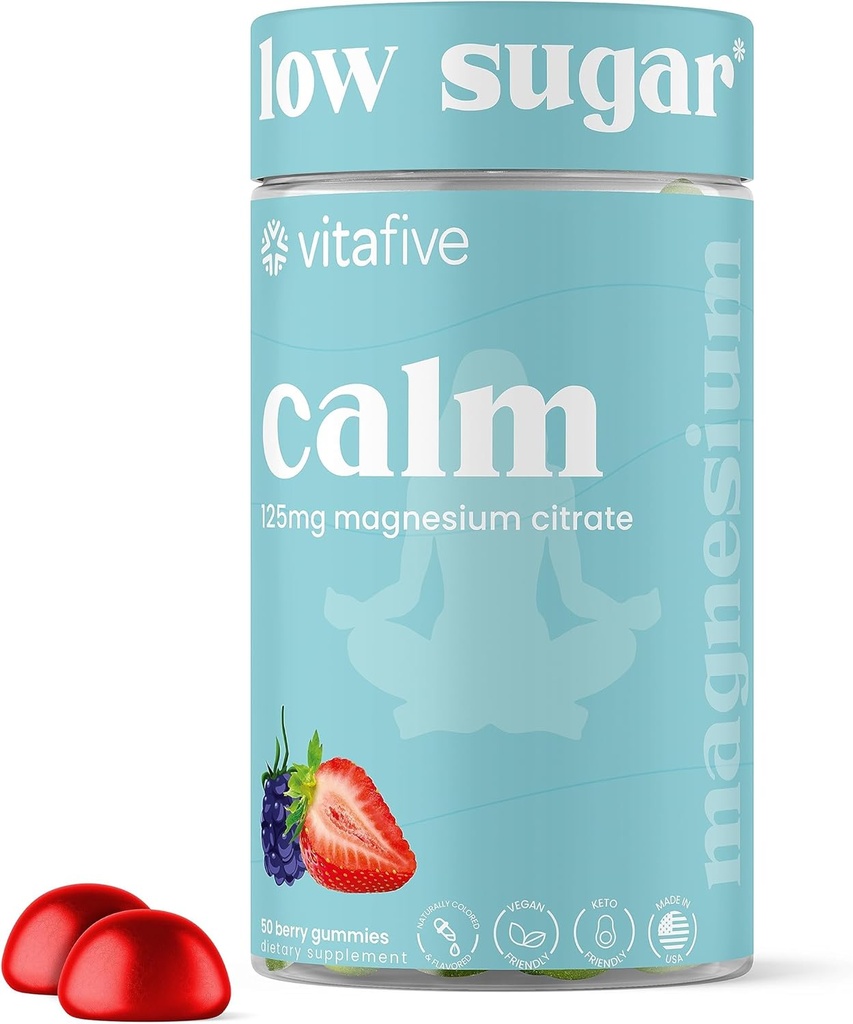 Vitafive Basso Zucchero Calma Magnesio Gummies, 125mg di Citrato di Magnesio, Natural Mixed Berry Flavor, Vegan, Gluten Free (50 Ct)