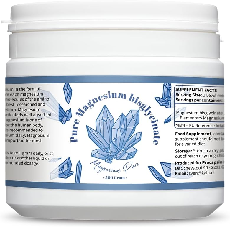Pure Magnesio Bisglycinate Powder - Bisglycinate 200mg Magnesio Elementale per grammo - Senza Magnesio Magnesio (500)