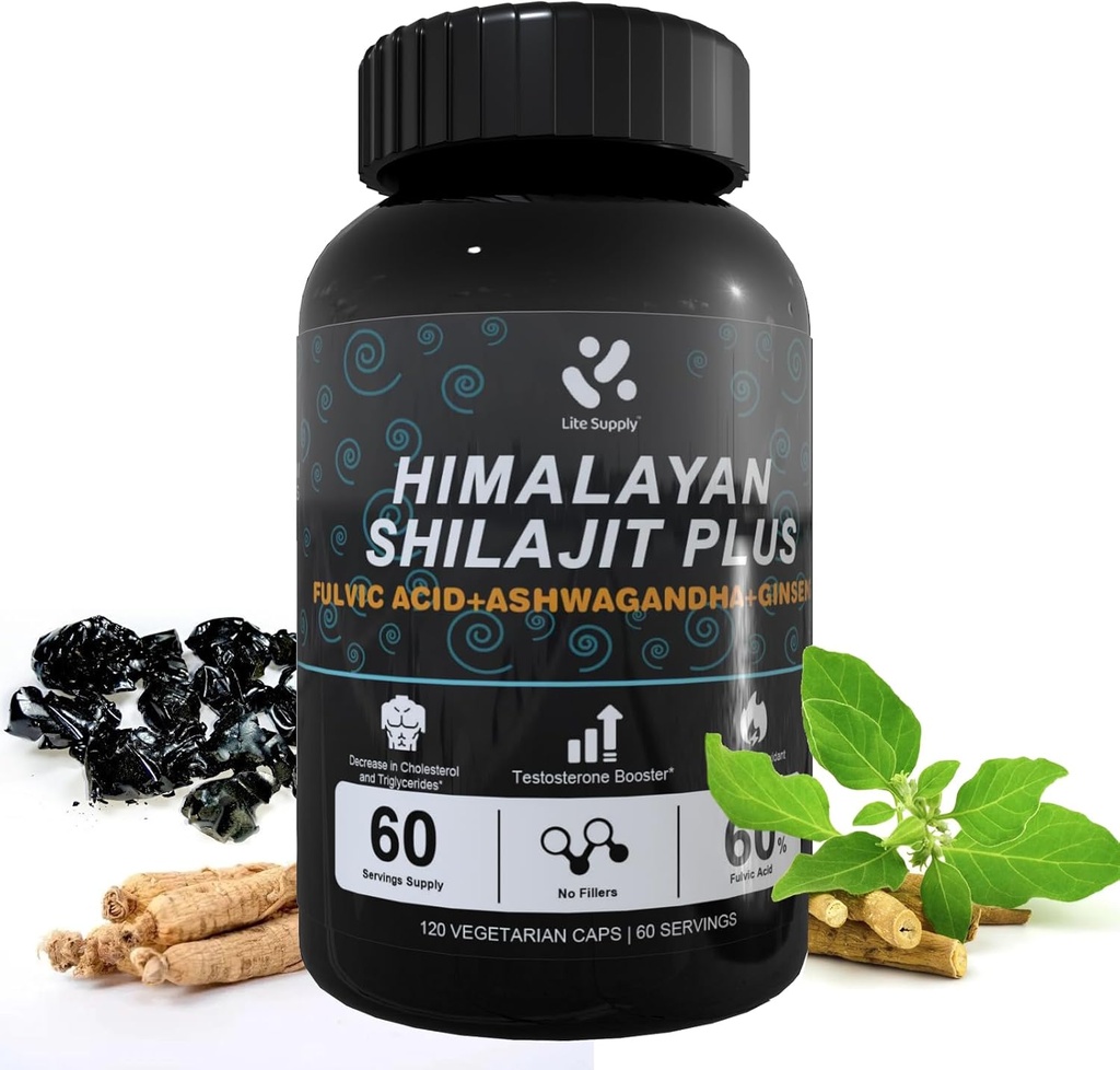 Shilajit Himalayan Supplemento 60% Acido Fulvico, 120 capsule vegane Fornire con puro Shilajit naturale, Ashwagandha, Ginseng Extract - Alta in Trace Minerals for Men Energy Support