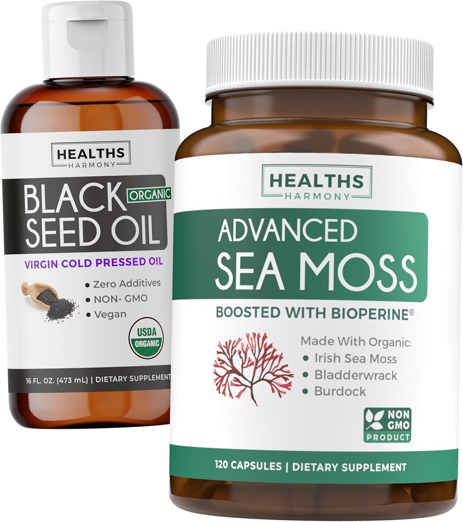 Liquido dell'olio del seme nero &amp; Moss del mare (alimentazione di 2 mesi) Bundle di fusione di Sea & Seed - Liquido dell'olio del seme nero (16fl.oz) Pressed a freddo Premium Cumin Seed Oil & Organic Irish Sea Moss con BioPerine - Vegan