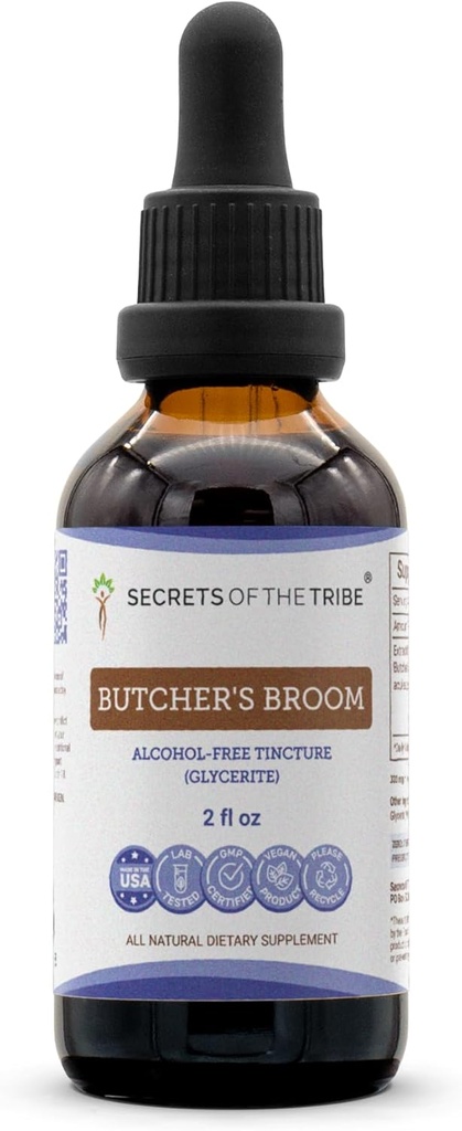 Segreti della Tribe Butcher's Broom Alcohol-Free Liquid Extract, Butcher's Broom (Ruscus aculeatus) Dried Root Tincture Supplement (2 FL OZ)