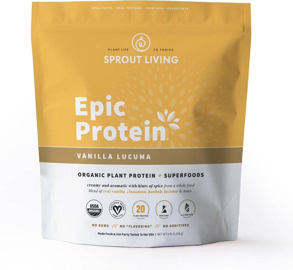Sprout Living Epic Protein, Plant Based Protein & Superfoods Powder, Vanilla Lucuma Powder | 20 Grams Organic Protein Powder, Vegan, Non Dairy, Non OGM, Gluten Free, Low Sugar (5 Pound, 60 Servings)