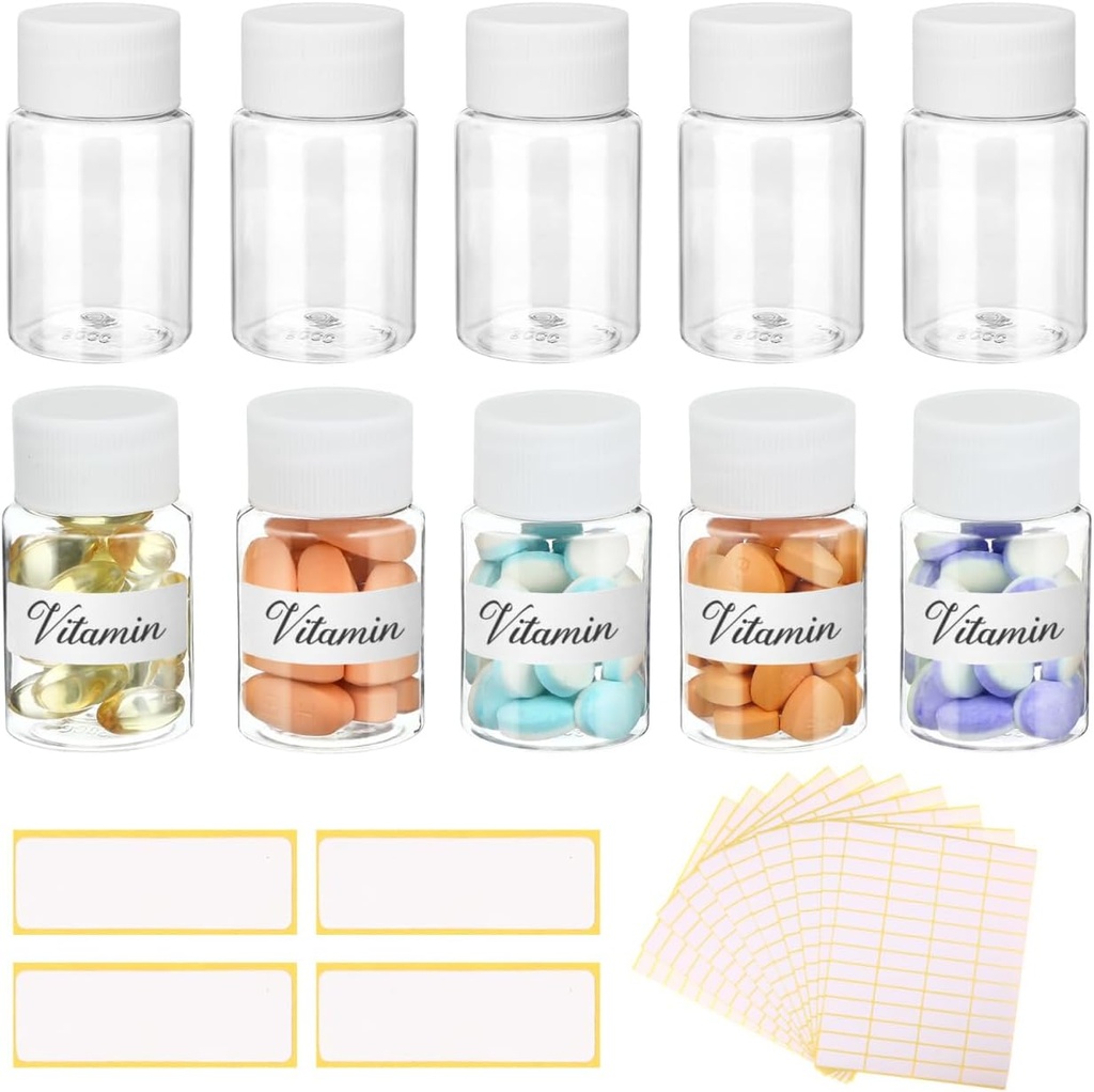 10Pcs Pill Bottiglie con etichette vuote - 30ml Contenitori di Medicina con cappucci a vite- Plastica Vuoto Piccolo contenitore Pill Leak-Proof Sample Jar trasparente per la dispensa per adesivi di nome solido liquido