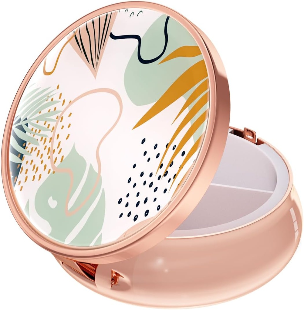 Rouidr Pill Box, 3 Compartment Medicine Pill Case, Small Metal Travel Medicine Box per Purse & Pocket, Rose Gold, Boho Leaves