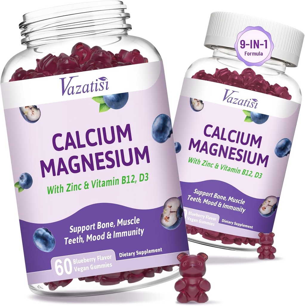 2 Confezione Calcio Magnesio Zinco Gummies con Vitamina D3 & B12, Zucchero Calcium gratuito Integratori per Donne Uomini, Vegan Blueberry Flavor