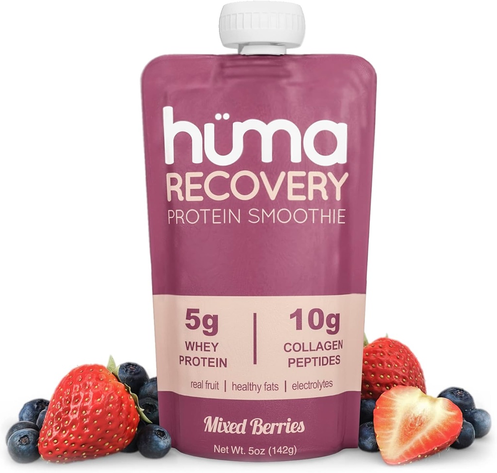Huma Recovery Protein Smoothie, 12 Pouches – 15g Collagen + Whey Post Workout Recovery Drink – Ready-to-Drink Protein Shake con frutta reale, elettroliti, grassi sani