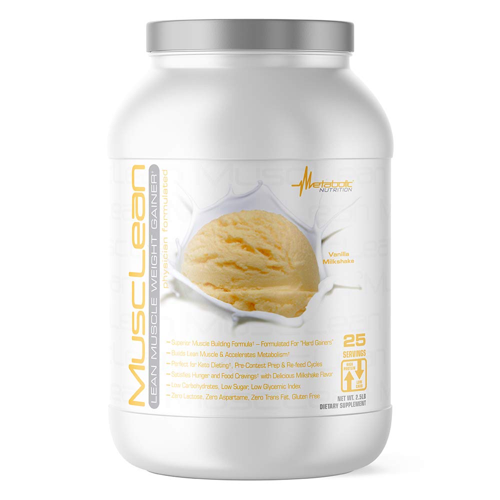 Nutrizione metabolica - Musclean - Milkshake Weight Gainer, Whey High Protein Meal Sostituzione, Manutenzione Nutrizione, Carbo basso, Keto Diet, Enzimi Digestivi, Vanilla, 2.5 Pound (25 ser)
