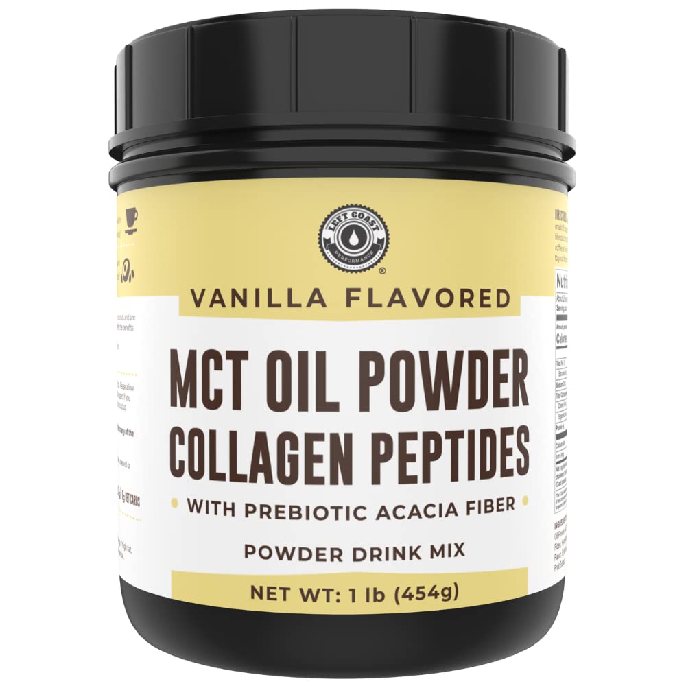 Polvere di olio di Keto MCT + collagene + fibra di acacia prebiotica, aroma di vaniglia, 16oz. MCT olio polvere da cocco. Grass Fed Collagen, Perfetto per Keto, 0 Net Carb, Stevia, Erythritol, Bevanda in polvere