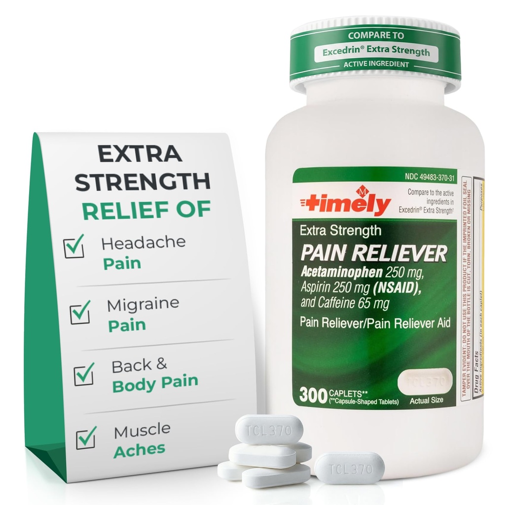 TIME-CAP Los Angeles, INC. Rilievo di mal di testa Timely Extra Strength - Acetaminophen with Aspirin & Caffeine (300 Caplets) - Mal di testa, Migraine & Back e Body Pain & Muscle Aches - Extra Strength - Made in USA