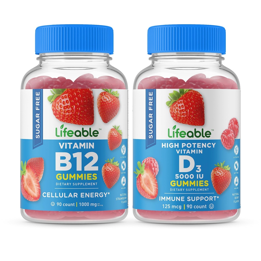 Vitamina B12 + Vitamina D 5000 IU, Gummies Bundle - Grande Assaggio, Integratore di vitamina, Senza glutine, OGM Libero, Gomma masticabile