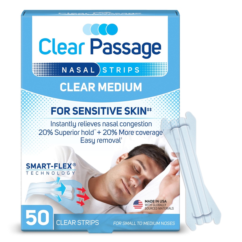 Nasal Strips Medium, Clear, 50 ct | Funziona istantaneamente per migliorare il sonno, ridurre il russare, & alleviare la congestione nasale a causa di Colds & Allergies