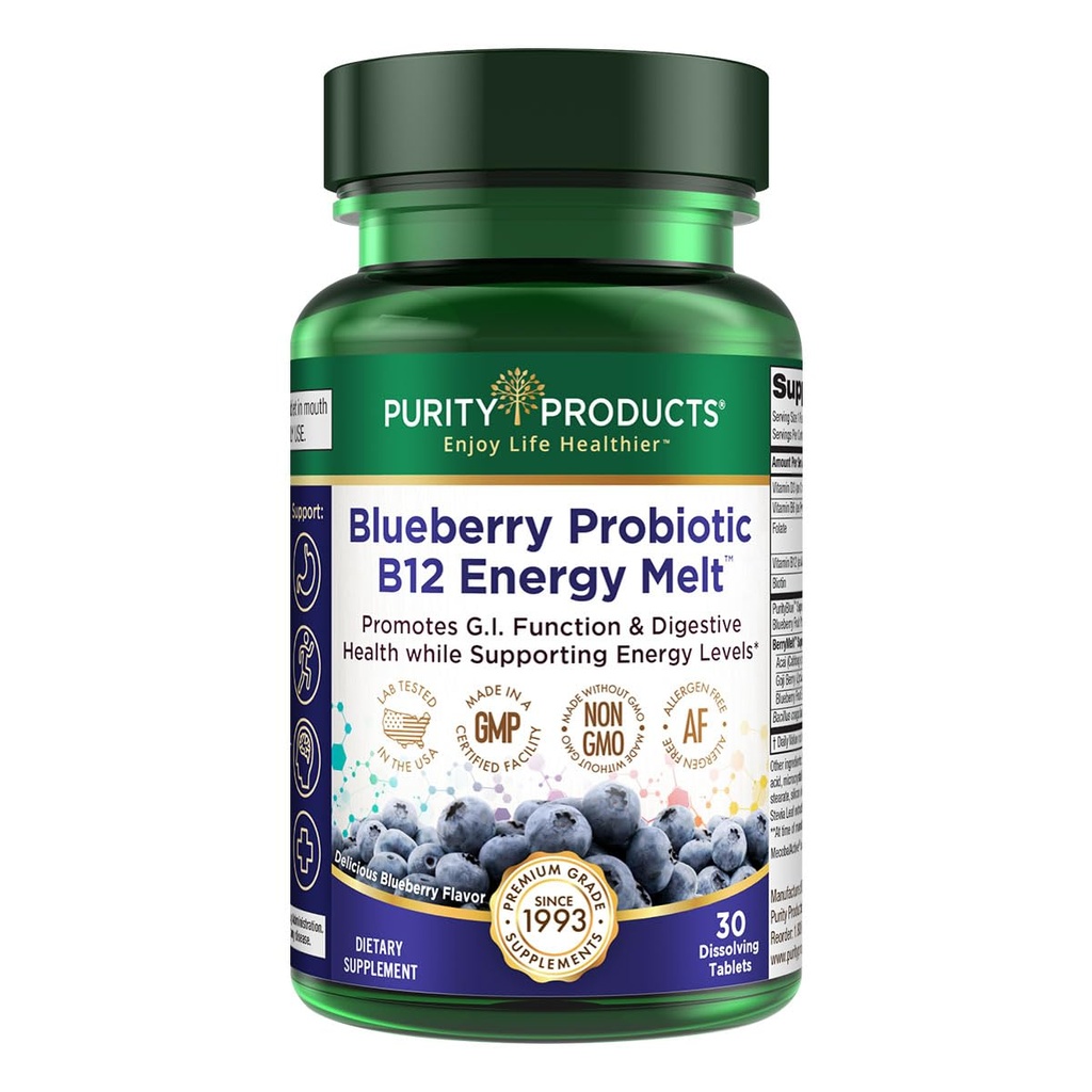 Prodotti di purezza Mirtillo Probiotico B12 Energy Melt Probiotico Clinico - Mirtilli organici, Methylcobalamin B-12-30 Melts