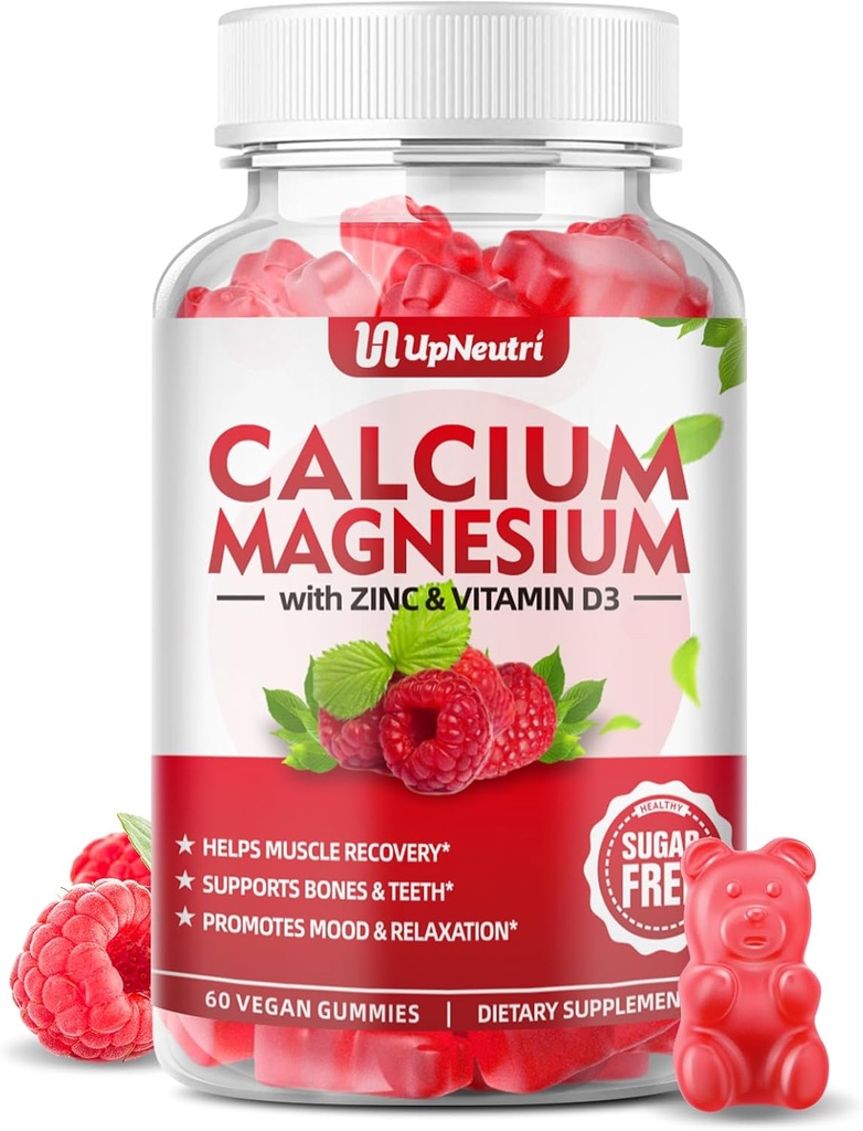 Calcio Magnesio Zinco con vitamina D3 Supplemento, Zucchero Gratuito Calcium Gummies per le donne Uomini, Alti assorbenti Zinc Gummies per Bone & Muscle & Immune Health, Vegan Raspberry Flavor - 60 Conte
