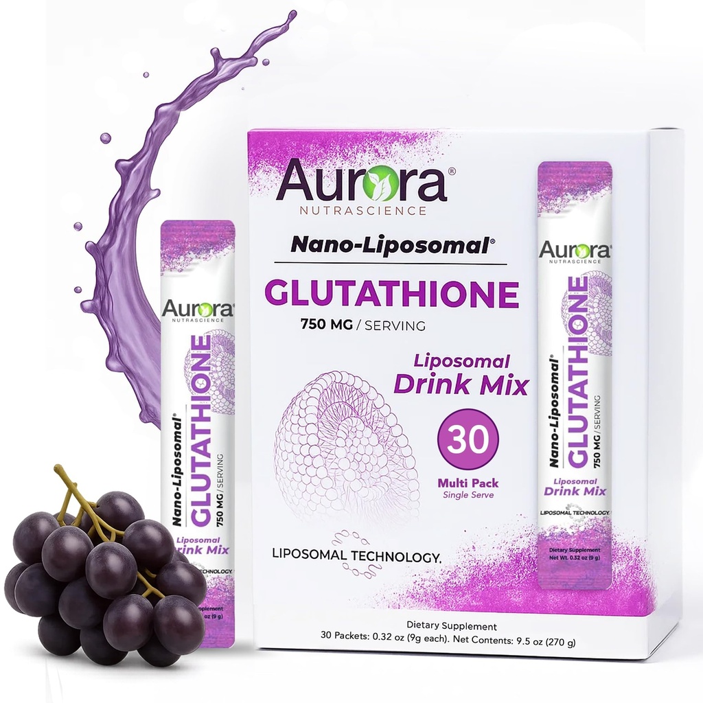 Aurora Nutrascience Nano-Liposomal Glutathione, Grape in polvere Bevanda Mix Immune & Antiossidante Gut Health Support Supplemento, 750 mg per Serve, Non OGM, Senza Zucchero, 30 Pacchetti di Serve Singola