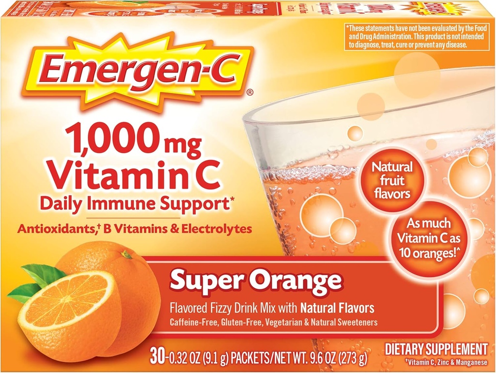 Polvere di vitamina C di Emergen-C 1000mg per il supporto immunitario giornaliero della caffeina Integratori di vitamina C con zinco e manganese, vitamine e elettroliti B, super aroma arancione - 30 conte