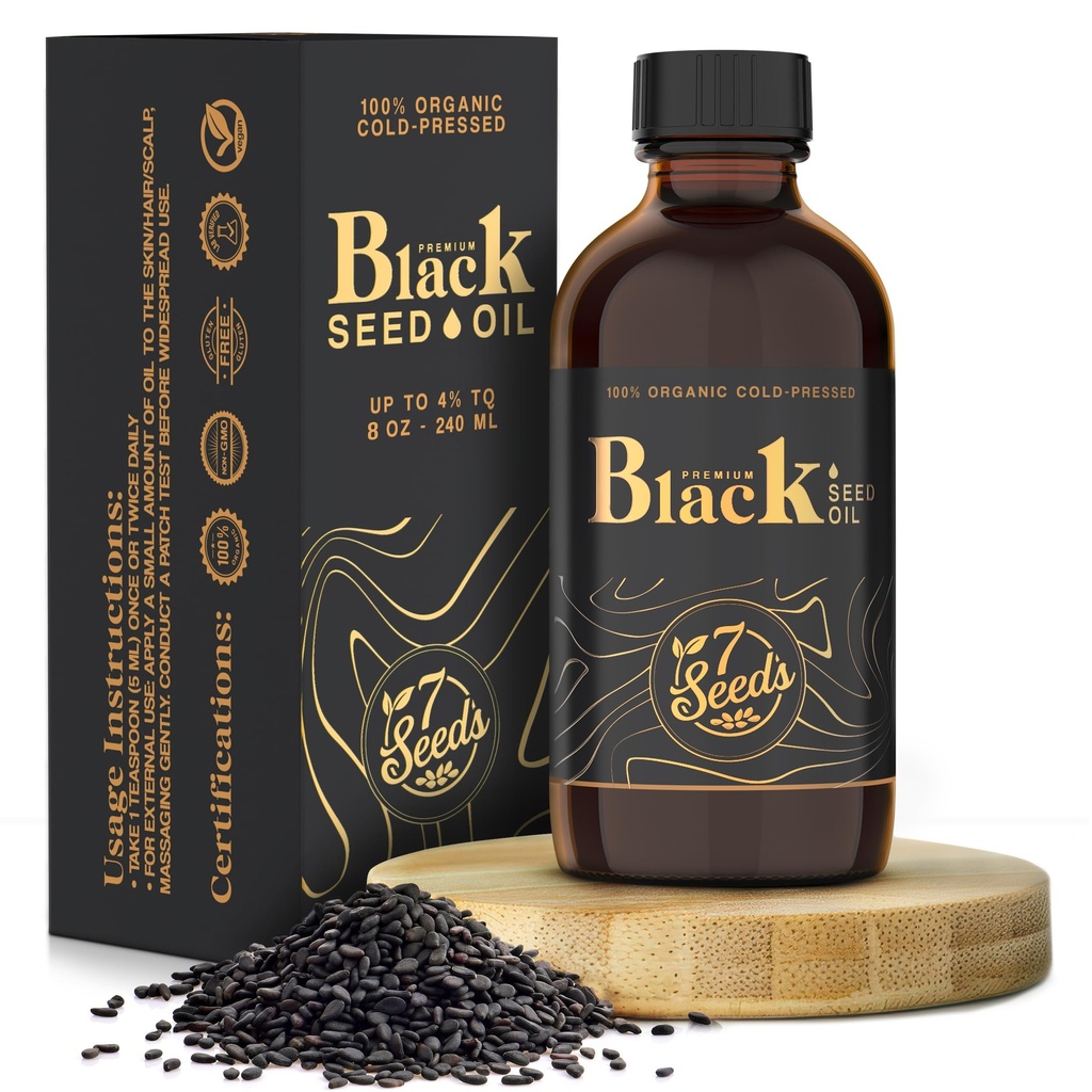 Olio di semi neri pressati a freddo 7 Seeds - 240 ml Liquido pressato a freddo Nigella Sativa per il supporto immunitario, Supporto per l'infiammazione, Digestione, Capelli e Pelle (8 Fl Oz)