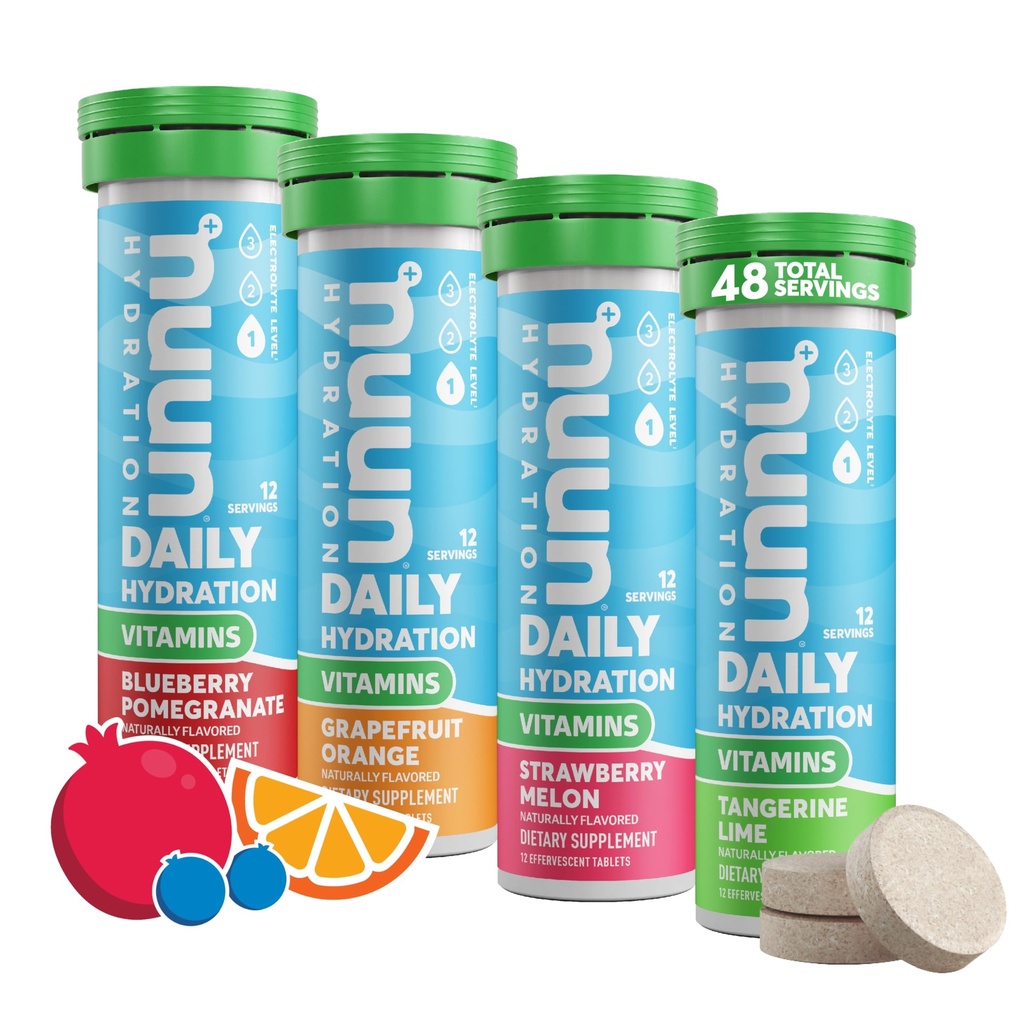 Vitamine Nuun Compresse elettrolitiche con vitamina D, C, E, A, & B6, Acido Folico, Magnesio & 4 Altri elettroliti essenziali, Gluten Free & Vegan, Frutta mista, 4 Pack (48 Serve Totale)