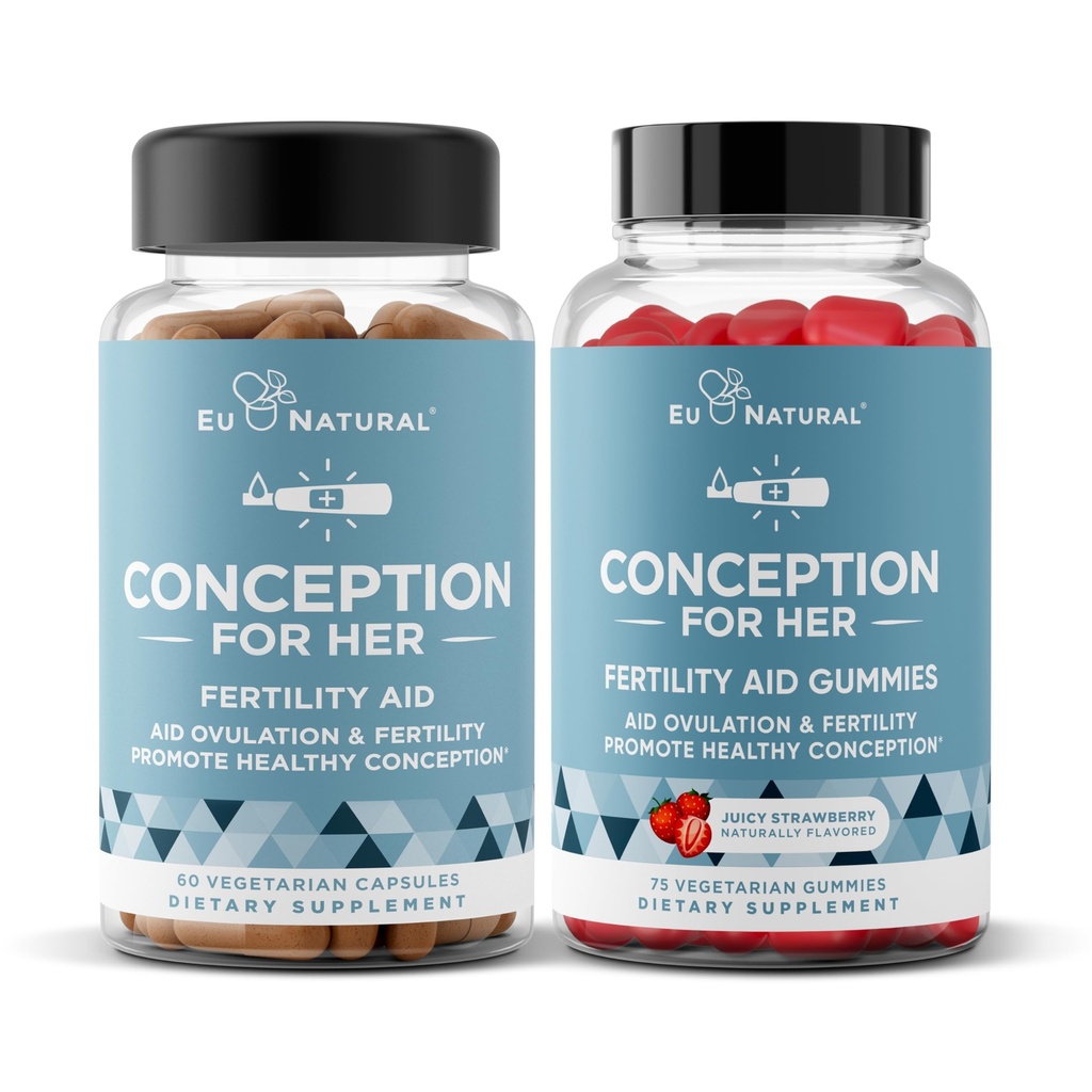 Concezione Eu naturale per le sue capsule & Gummies Bundle – aiuta l'ovulazione, l'equilibrio ormonale, e cicli regolari – 60 capsule + 75 Gummie di aroma di fragola