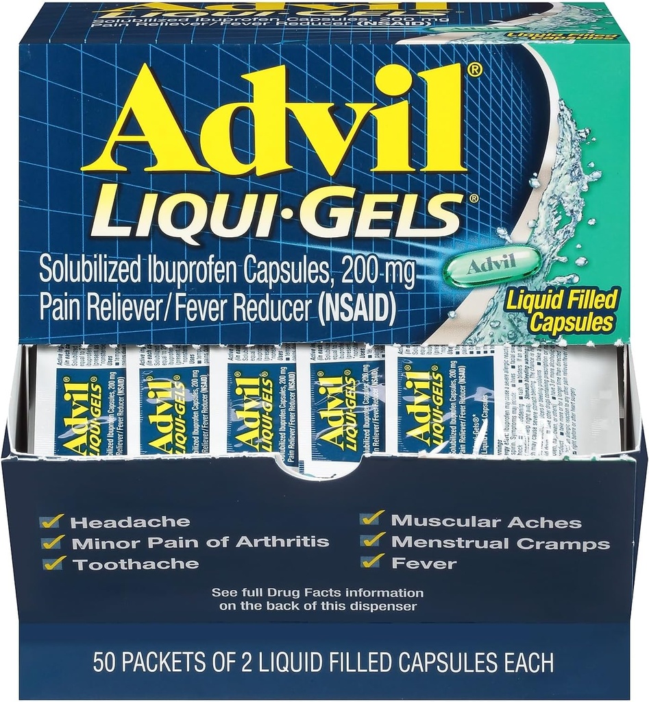 Advil Liqui-Gels Pain Reliever/Fever Riduttore, Solubilized Ibuprofen 200mg, 2/Packet, 50 Packets/Box (016902)