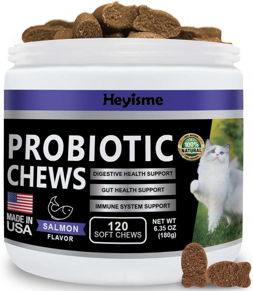 Probiotico del gatto, Chews for Gut and Immune Health, Gatti Supplemento probiotico per il supporto digestivo del gatto, digestione sana, costipazione del gatto e sollievo dalla diarrea (120 pillole, salmone)