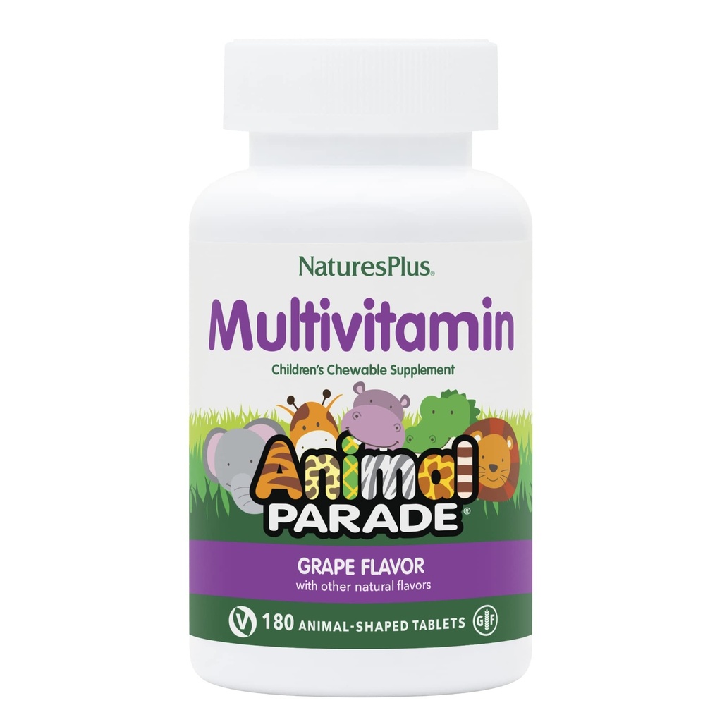 NaturesPlus Animal Parade Children's Chewable Multivitamin - Uva Flavor - 180 compresse a base di animali - promuove salute e benessere - vegetariano, senza glutine - 90 porzioni