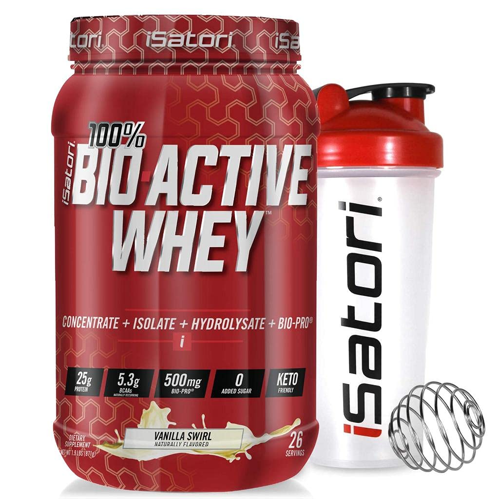 iSatori Bio-Active Whey Protein Powder - Vanilla Swirl (30 Serve) & iSatori Classic Blender Bottiglia (bottiglia trasparente con top rosso)
