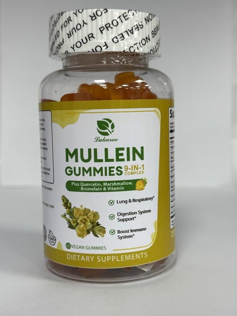 Lukaree 9 in 1 Gummies di Mullein, Estratto di foglie di Mullein w/Quercetin, Bromelain, Elderberry & Marshmallow per Immune, Vegan,60 Conte
