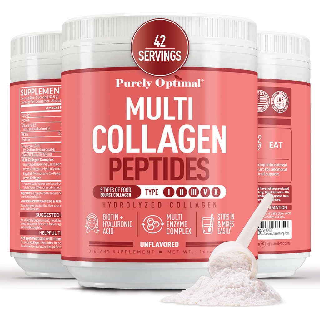 Polvere Multi Collagen puramente ottimale per le donne - 5 tipi Peptidi di collagene idrolizzati con acido biotina e ialuronico per capelli, pelle, unghie, ossa e giunti - non aromatizzato, facile miscelazione, 42 Serve